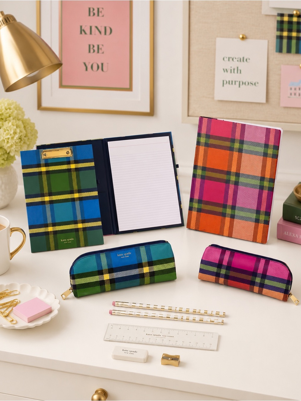 kate spade grand plaid clipboard folio and pencil case with supplies set